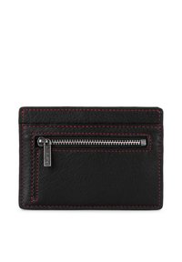 Zwarte leren portemonnee met rode stiksels, een verticale ritszak en een gestructureerd oppervlak. Slank ontwerp voor het opbergen van kaarten en munten.