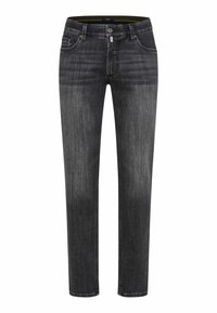 Jeans grigi scuri in denim, con taglio dritto, design a cinque tasche e leggere sfumature. Chiusura tradizionale con bottone e zip.