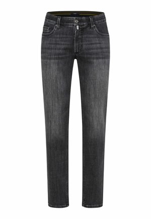 Mørkegrå jeans lavet af denim, med lige ben, fem-lommer design og subtil falmning. Traditionel knap- og lynlåslukning.