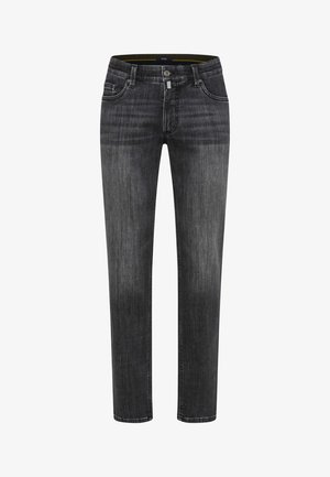 Mørkegrå jeans lavet af denim, med lige ben, fem-lommer design og subtil falmning. Traditionel knap- og lynlåslukning.