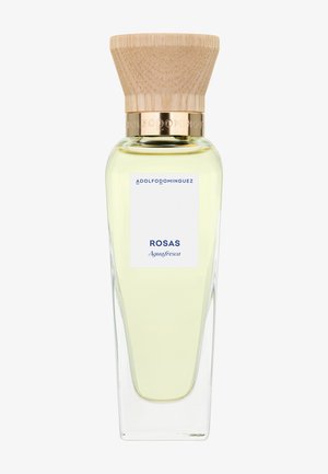 Flacon de parfum Adolfo Dominguez Rosas Aquafresca avec un liquide jaune pâle et un bouchon en bois avec une bande dorée.
