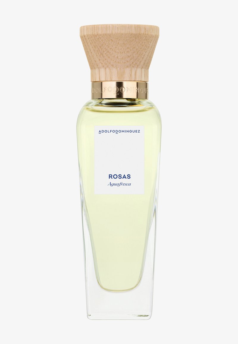 Flacon de parfum Adolfo Dominguez Rosas Aquafresca avec un liquide jaune pâle et un bouchon en bois avec une bande dorée.