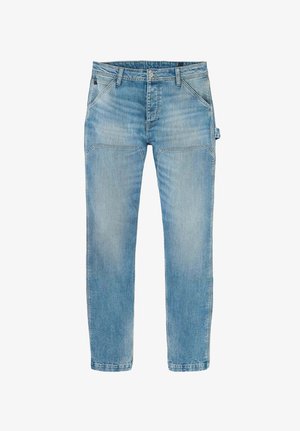 Hellblaue Jeans aus Denim mit gerader Beinform, ausgestattet mit zwei vorderen Taschen und einer kleinen Seitentasche. Klassischer Knopf- und Reißverschluss.