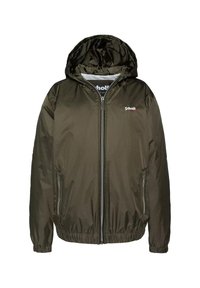 Oliwkowa kurtka z kapturem, wykonana z błyszczącego materiału, z pełnym zamkiem błyskawicznym, elastycznymi mankietami oraz dwiema bocznymi kieszeniami na zamek.