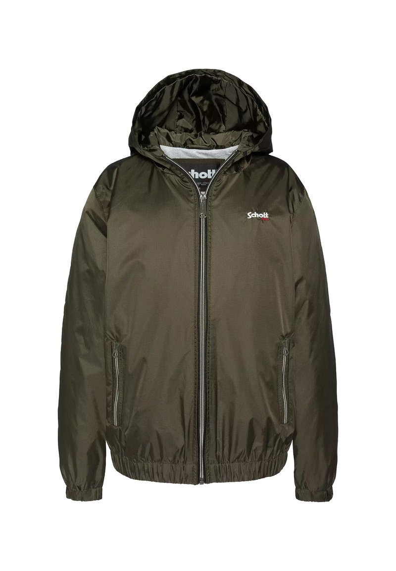 Oliwkowa kurtka z kapturem, wykonana z błyszczącego materiału, z pełnym zamkiem błyskawicznym, elastycznymi mankietami oraz dwiema bocznymi kieszeniami na zamek.