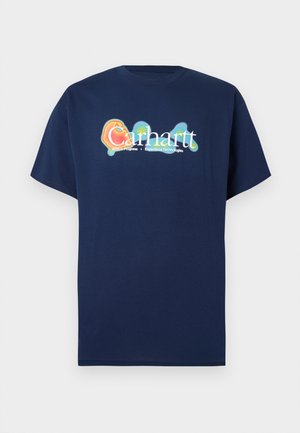 T-shirt navy blu a maniche corte realizzato in cotone. Presenta un logo grafico multicolore "Carhartt" con effetto luminescente al centro.