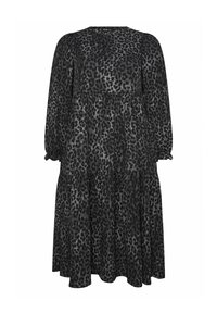Czarna sukienka w panterkę z długimi rękawami, warstwową spódnicą i okrągłym dekoltem. Wykonana z lekkiego materiału o zwiewnej teksturze.
