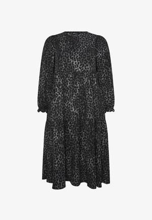 Schwarzes Leopardenmuster-Kleid mit langen Ärmeln, einem gestuften Rock und Rundhalsausschnitt. Hergestellt aus leichtem Stoff mit fließender Textur.