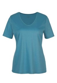 Korte mouwen V-hals t-shirt in teal. Glad, lichtgewicht stof met een relaxte fit. Eenvoudig ontwerp, zonder patronen of versieringen.