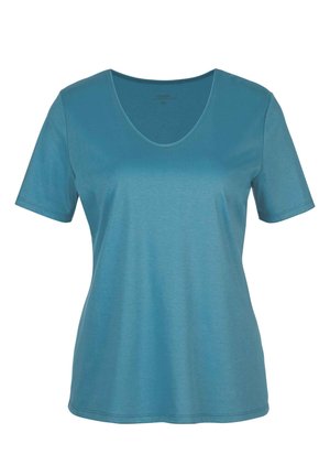 Korte mouwen V-hals t-shirt in teal. Glad, lichtgewicht stof met een relaxte fit. Eenvoudig ontwerp, zonder patronen of versieringen.