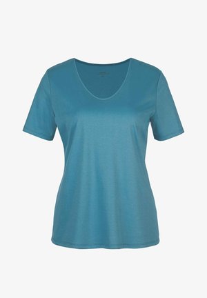 T-shirt à col V à manches courtes en teal. Tissu lisse et léger avec une coupe décontractée. Design simple, sans motifs ni embellissements.