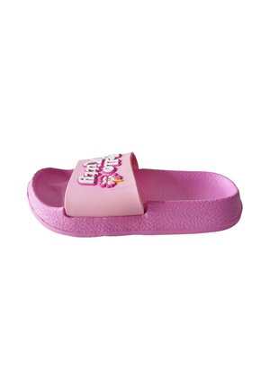 Pinkfarbener Gummi-Slidesandal mit strukturierter Sohle und Riemen mit erhabenen weißen Texten und kleiner Blumenverzierung.