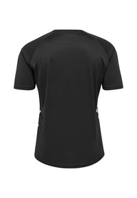 Czarna sportowa koszulka z krótkim rękawem raglanowym i subtelnymi białymi geometrycznymi akcentami po bokach, widziana od tyłu.