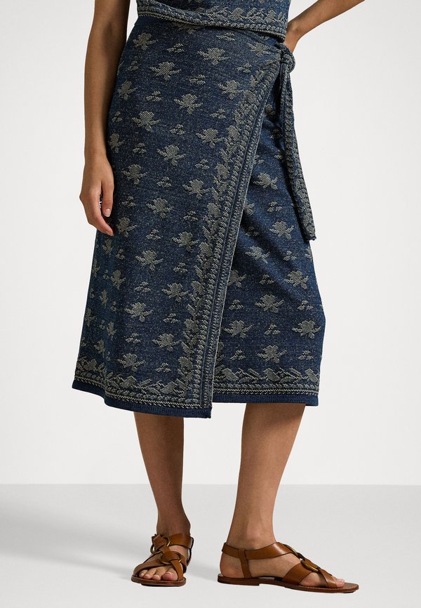 FLORAL KNIT COTTON WRAP SKIRT - A-line skirt - dark indigo