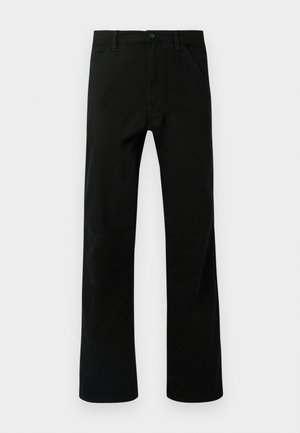 Black straight-leg pants with front pockets, button closure, and belt loops, displayed against a white background.