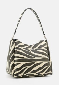 Zebra-patterned handbag with a structured shape, made of faux leather, featuring a black and cream design and a short shoulder strap.