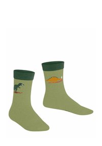 Grüne Socken mit Dinosauriermotiven: ein T. rex links und ein Stegosaurus rechts, beide vor einem hellgrünen Hintergrund.
