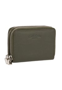 Olive green leather wallet with zip closure, silver hardware, and debossed logo. Compact rectangular shape with textured surface.