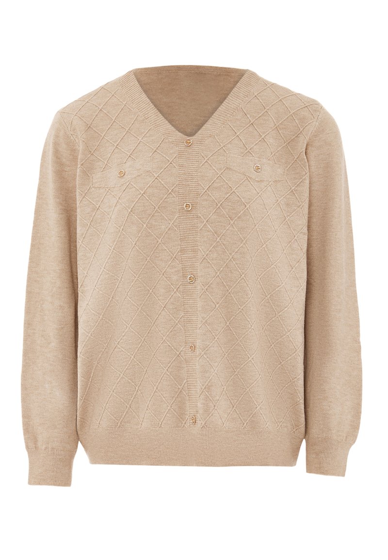 Cardigan beige con scollo a V, motivi a rombi, maniche lunghe e chiusura con bottoni. Presenta due tasche sul petto e bottoni dorati.