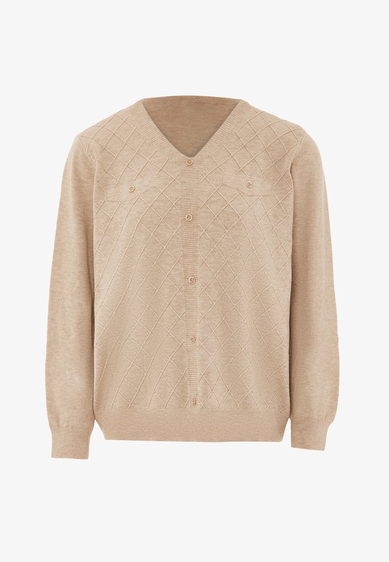 Beige kardigán V-nyakkal, gyémántmintákkal, hosszú ujjakkal és gombos elülső részlettel. Két mellzseb és arany gombok találhatók rajta.