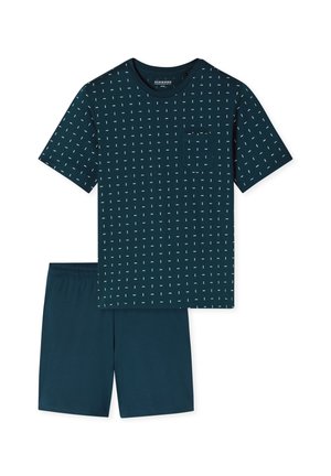 Kortærmet pyjamassæt i mørkegrønblå med en lomme og geometrisk print. Blødt stof med matchende shorts og elastisk taljebånd.