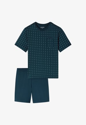 Kortærmet pyjamassæt i mørkegrønblå med en lomme og geometrisk print. Blødt stof med matchende shorts og elastisk taljebånd.