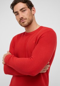 Roter Strickpullover mit Rundhalsausschnitt, gerippter Textur, langen Ärmeln und einem dezenten Logoschriftzug auf der linken Seite.