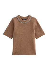 Brązowy dzianinowy sweter z krótkim rękawem z okrągłym dekoltem ozdobionym koralikami. Teksturowana tkanina z prążkowanymi detalami na brzegu.