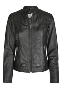 Schwarze Lederjacke mit durchgehendem Reißverschluss, hohem Kragen und Schulterakzenten. Verfügt über zwei vordere Reißverschlusstaschen und eine figurbetonte Passform.