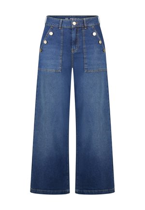 Wijde blauwe spijkerbroek met hoge taille, voorzakken met opgestikte zakken en decoratieve zilveren knopen op de rand van de zakken.