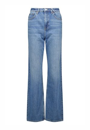 Vaaleansiniset farkut, joissa on levenevät lahkeet ja korkea vyötärö. Edessä on taskut ja kevyttä haalistumista. Varustettu vetoketjulla ja nappisuljennalla.