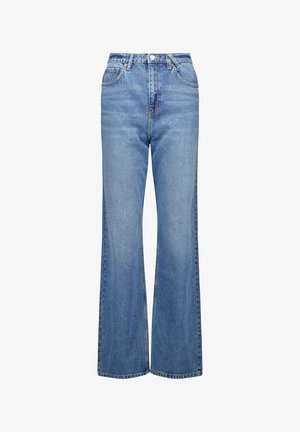 Vaaleansiniset farkut, joissa on levenevät lahkeet ja korkea vyötärö. Edessä on taskut ja kevyttä haalistumista. Varustettu vetoketjulla ja nappisuljennalla.