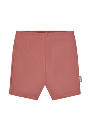 Kinder-Shorts in staubigem Rosa mit elastischem Taillenbund und seitlichem Etikett, einfachem Design, flacher Vorderseite und knieumspielender Länge vor weißem Hintergrund.