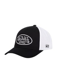Casquette de baseball noir et blanc avec des panneaux en maille, visière courbée et logo brodé "Von Dutch California" à l'avant.