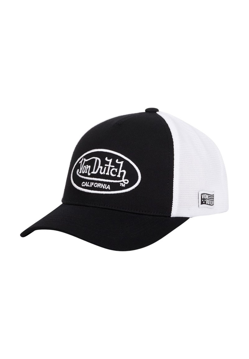 Casquette de baseball noir et blanc avec des panneaux en maille, visière courbée et logo brodé "Von Dutch California" à l'avant.