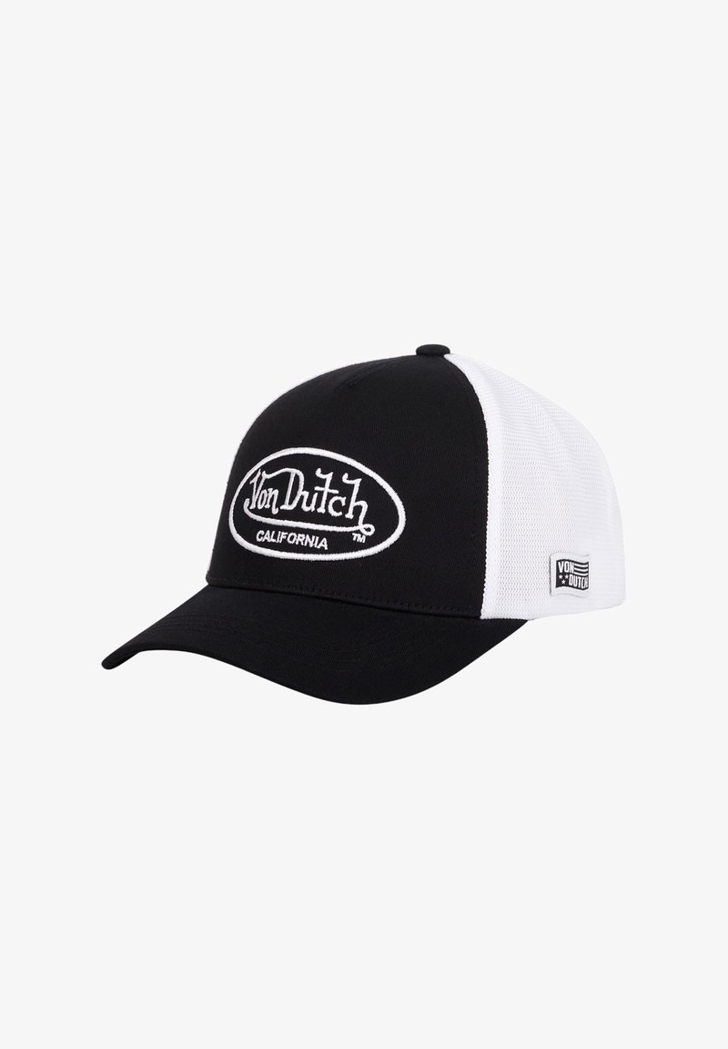 Casquette de baseball noir et blanc avec des panneaux en maille, visière courbée et logo brodé "Von Dutch California" à l'avant.