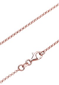 Roségoldene metallische Kette mit kleinen Gliedern, ausgestattet mit einem Karabinerhaken und einer verstellbaren Länge zum Sichern von Schmuckaccessoires.