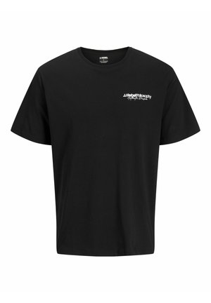 Črna kratka majica s kratkimi rokavi z belim logotipom besedila »JJ Rebel Philosophy« na levi strani prsnega koša.