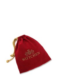 Bolsa de terciopelo rojo con cordón y letras doradas "WITTCHEN", que presenta un logotipo decorativo con dos leones y una corona.