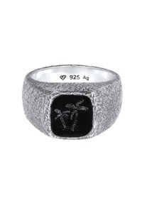 Bague en argent avec un anneau texturé. Présente une pierre noire rectangulaire incrustée de gravures de palmiers. Marquée "925 Ag" pour l'argent sterling.