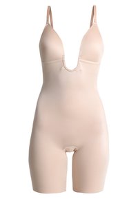 Huidskleurige shapewear bodysuit met een diepe V-hals, verstelbare bandjes en een strakke pasvorm. Voorzien van een opening in het kruis voor gemak.