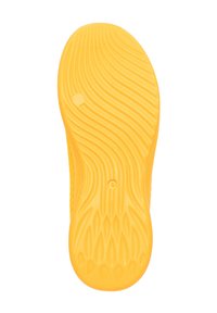 Gelbe Gummisohle mit Wellenmuster, strukturierter Oberfläche, zwei kreisförmigen Vertiefungen und insgesamt abgerundeter Form.