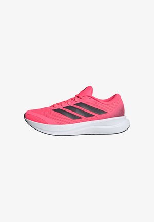 Scarpa da corsa atletica rosa acceso con strisce nere e suola bianca ammortizzata, vista dal lato esterno su sfondo bianco semplice.
