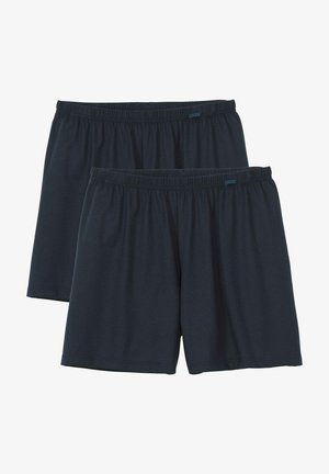 Two pairs of dark navy blue shorts made from soft, lightweight material, featuring an elastic waistband and a relaxed fit.