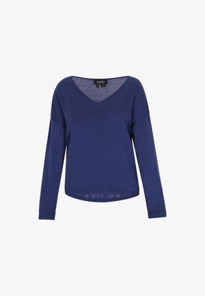 Tengerészkék kötött pulóver V-nyakkal, hosszú ujjal és bordázott mandzsettákkal. Könnyű anyag, laza szabású és enyhén ívelt alsó szegéllyel.