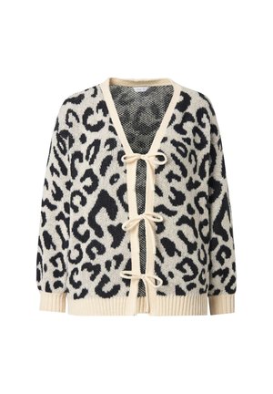 Cárdigan de estampado de leopardo en beige y negro, con un escote en V profundo, tres cierres de lazo y puños acanalados con una textura suave.