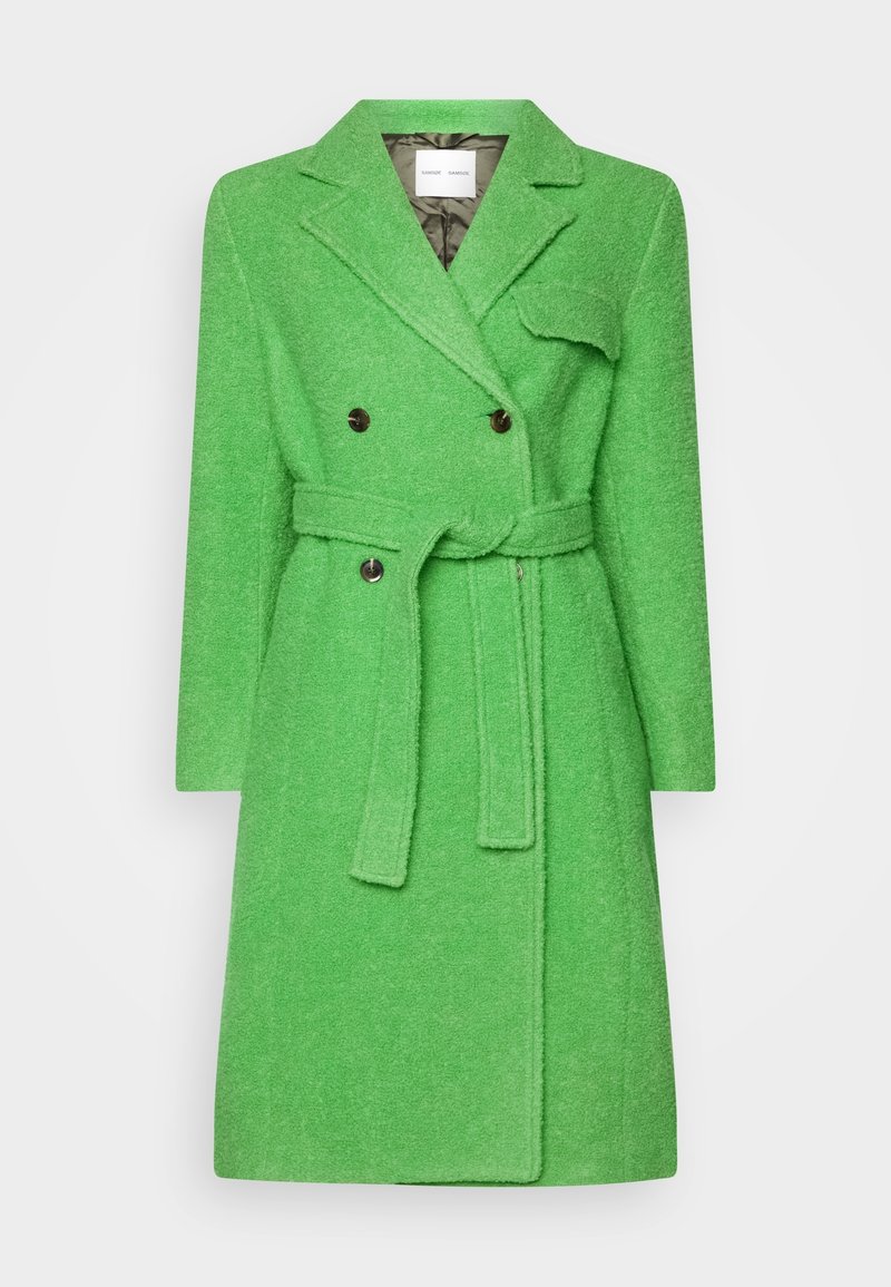 Manteau croisé en mélange de laine vert vif avec larges revers, taille ceinturée, poche à rabat et manches longues.