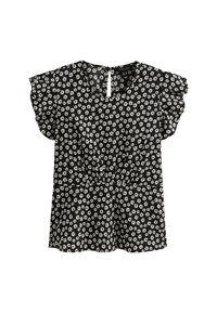 Blusa nera con motivo floreale bianco, maniche corte a volant, vita arricciata e apertura a goccia sul retro. Realizzata in tessuto leggero.