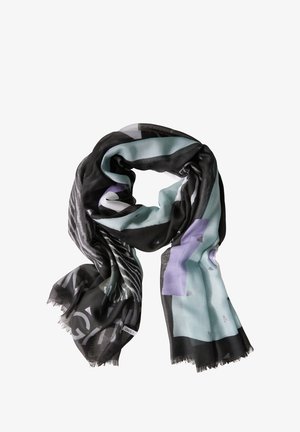 Mustan ja mintunvihreän värinen huivi, jossa on geometrisiä kuvioita, pehmeä kangas ja fringed-reunat. Kevyt ja monipuolinen erilaisiin tyyleihin.