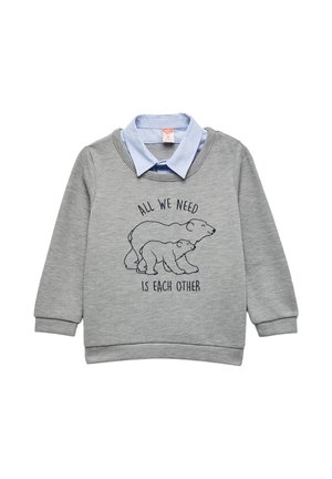 Grauer Sweatshirt mit langen Ärmeln und rundem Halsausschnitt. Unter dem Pullover befindet sich ein hellblaues Hemd mit Kragen, das ein gesticktes Design eines Eisbären und Text aufweist.